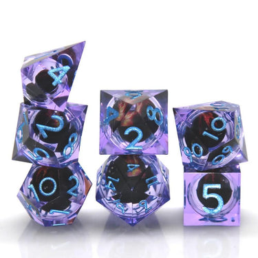 Red Dragon Eye Ball in Clear & Purple Filled Sharp Resin - 7pcs RPG Dice Set